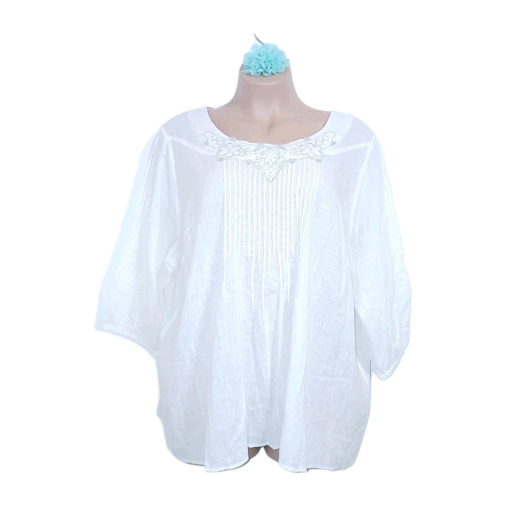 Avenue Linen Blend Women Top Plus Size 30 32 Ivory Pintuck Embroidered Cottage